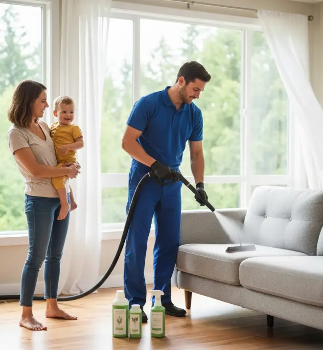 Eco-friendly upholstery cleaning process showing plant-based products and techniques