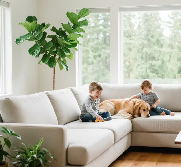 Family with children and pets safely using eco-friendly cleaned furniture