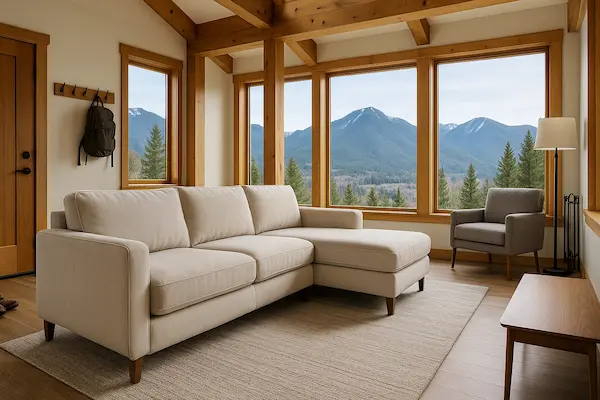 Professional couch cleaning in Issaquah home with mountain views