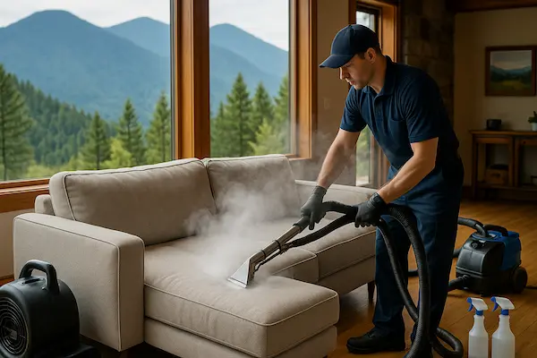 Steam cleaning couch in Issaquah mountain home