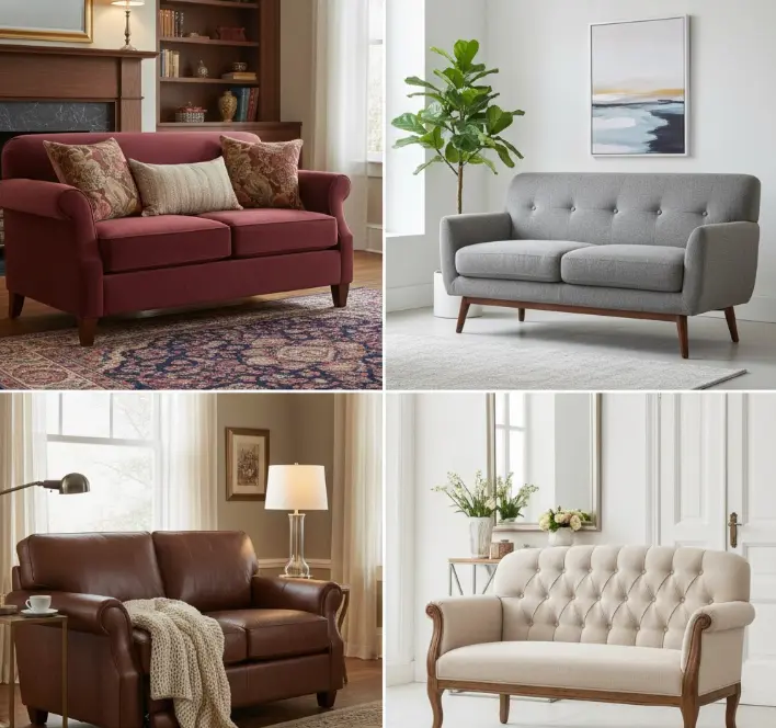 Different types of loveseats including traditional, reclining, settee, and sleeper styles
