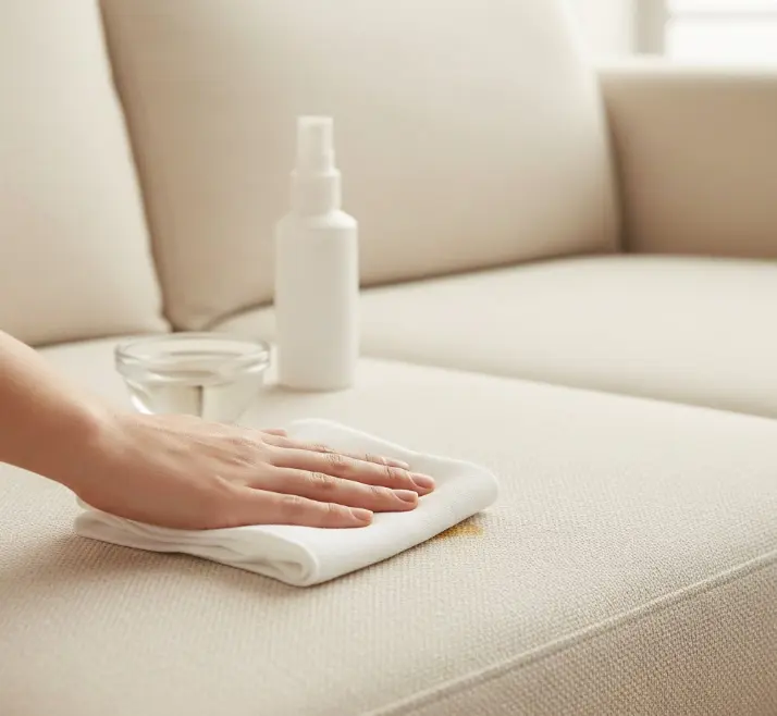 Spot cleaning a fresh stain on upholstered furniture with proper blotting technique