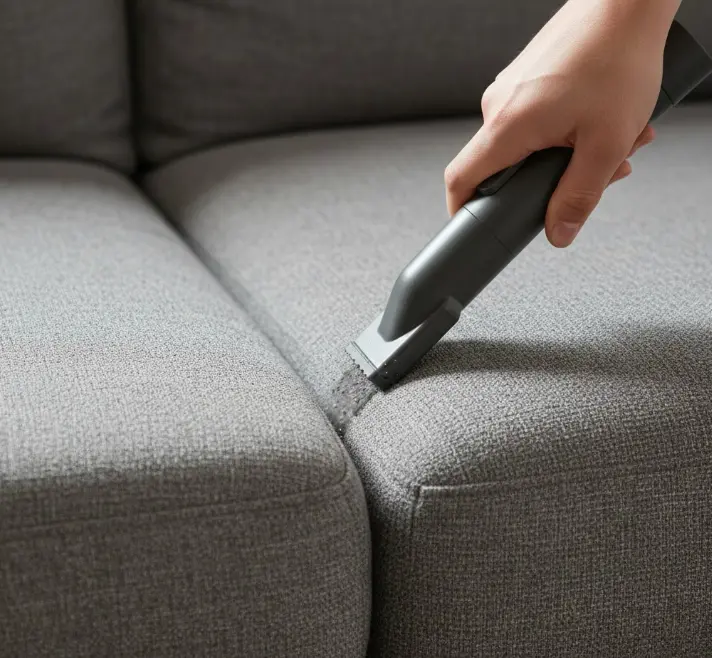 Proper vacuuming technique for upholstery maintenance showing correct attachment and stroke direction